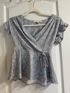 Monteau Dusty Blue Floral Wrap Peplum Blouse